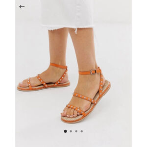 ASOS Design Juliette Premium Orange Leather Studded Espadrilles in Size 7